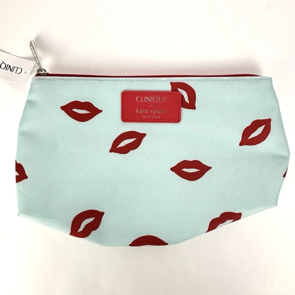 Clinique Kate Spade New York Zipper Cosmetic Bag for Make Up Aqua with Red Lips